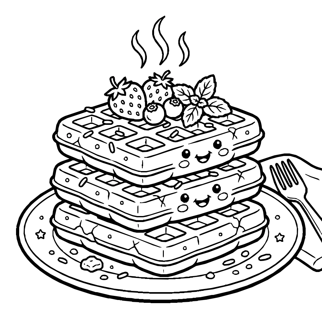 Stack Of Waffles With Berries Kawaii Food Coloring Page