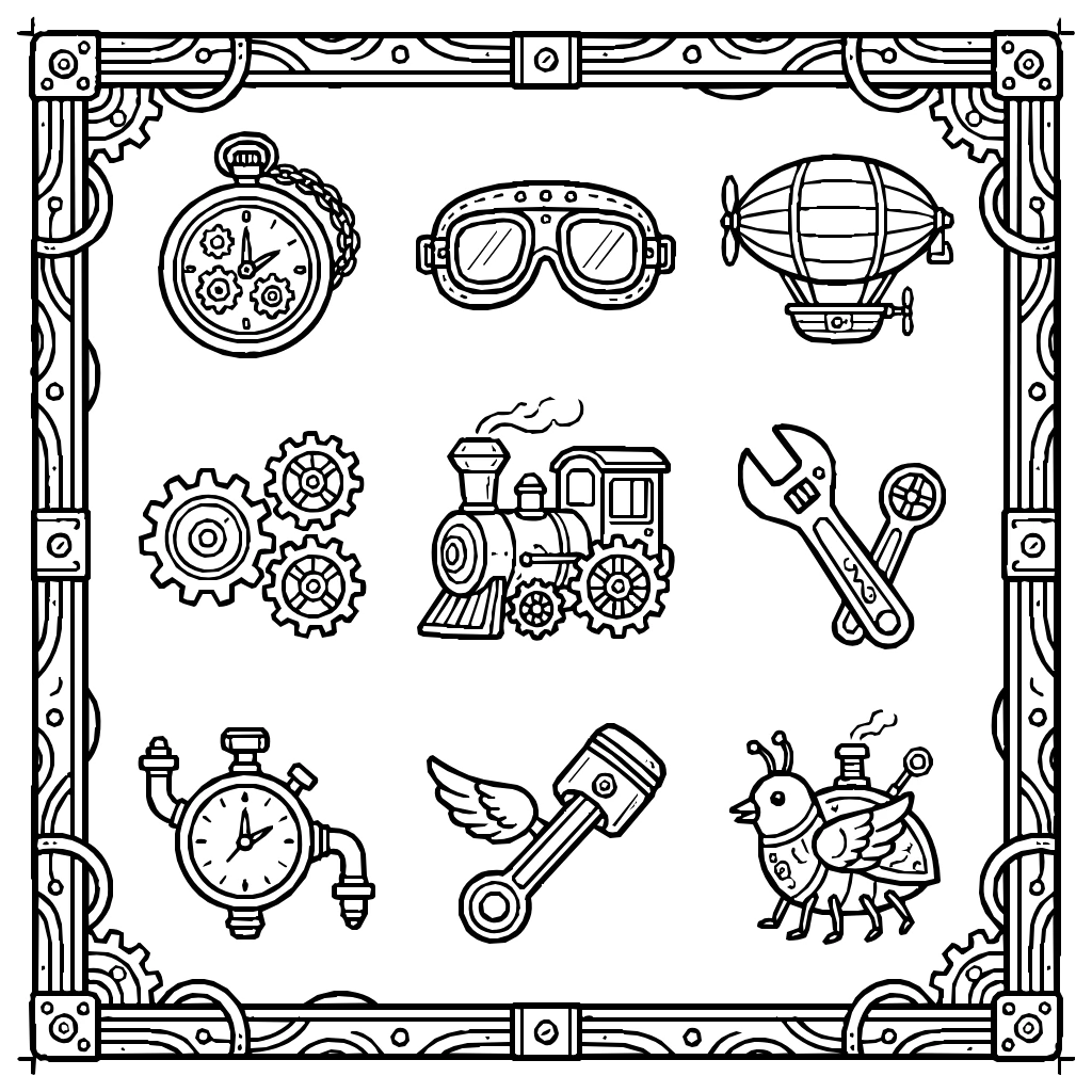 Steampunk Machine Set Coloring Page