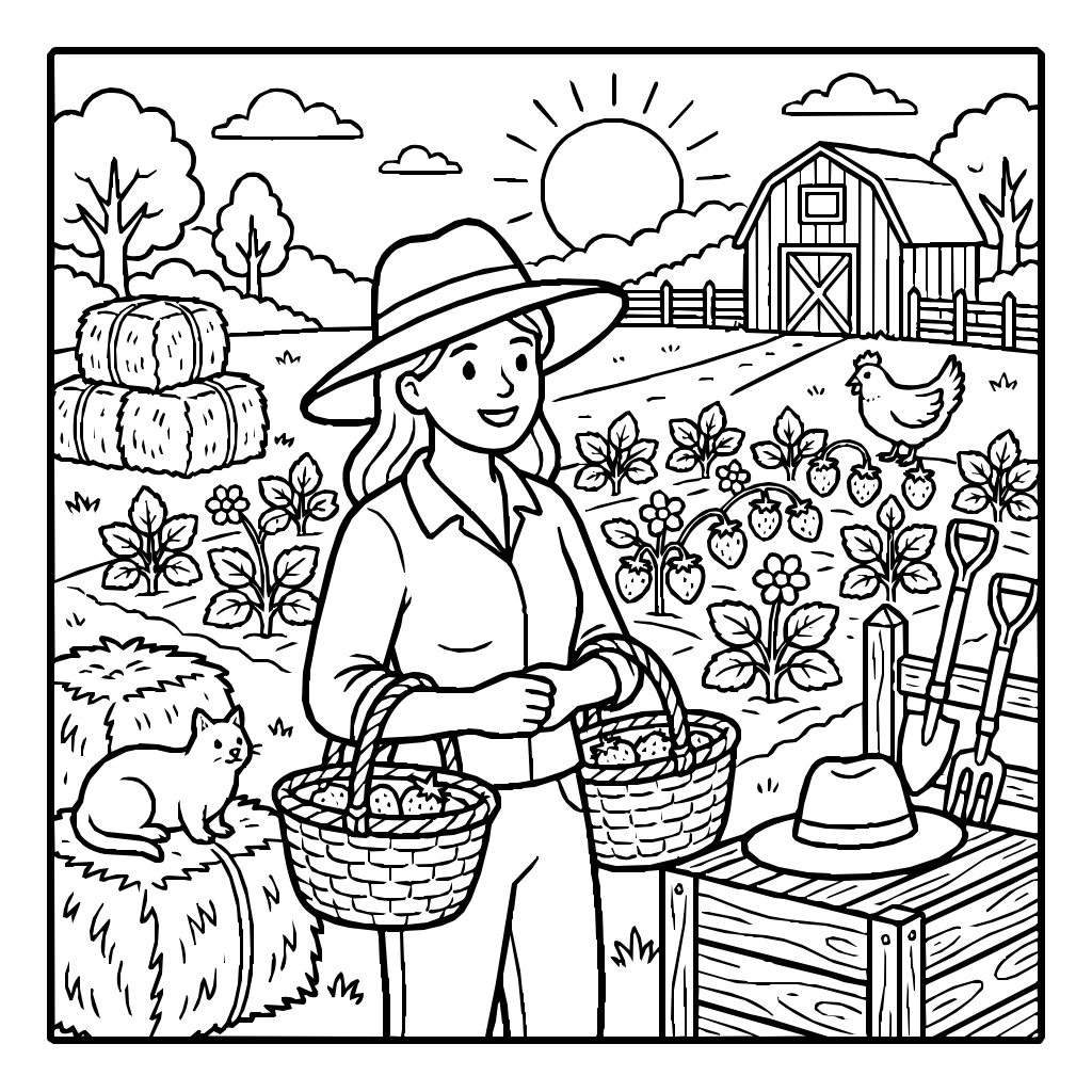 Strawberry Picking On A Farm Coloring Page