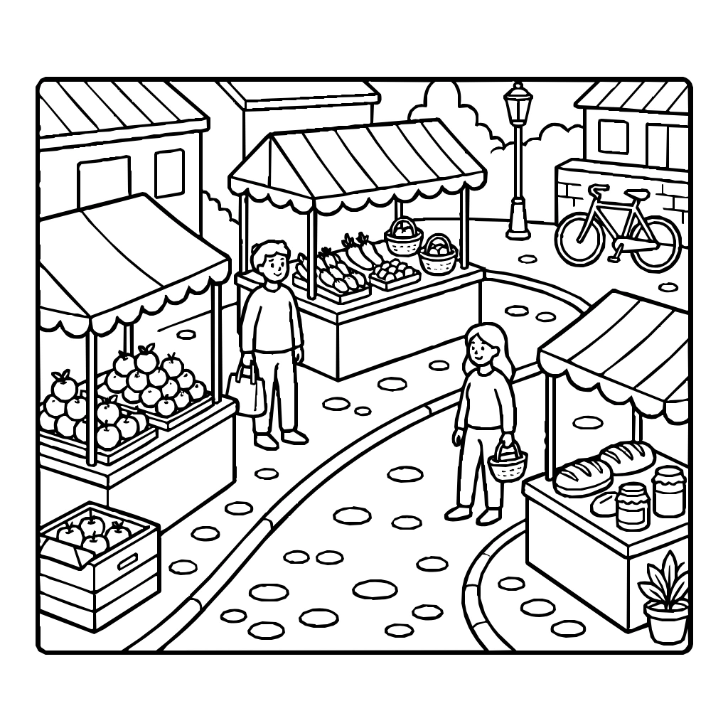 Street Market In A City Coloring Page