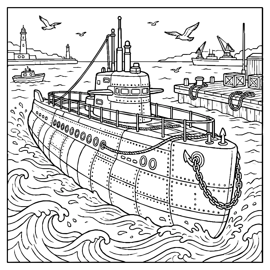 Submarine In A Harbor Coloring Page