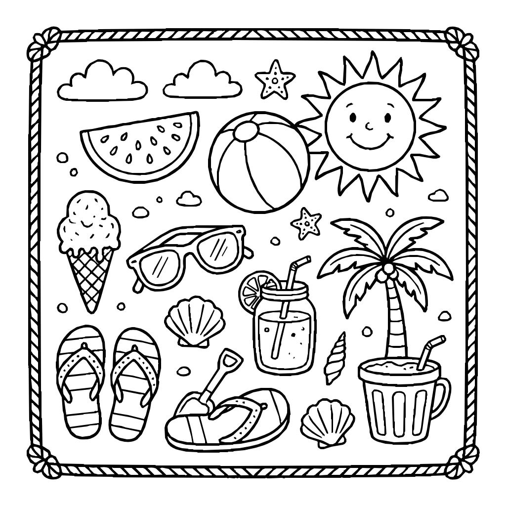 Summer Doodle Icons Coloring Page