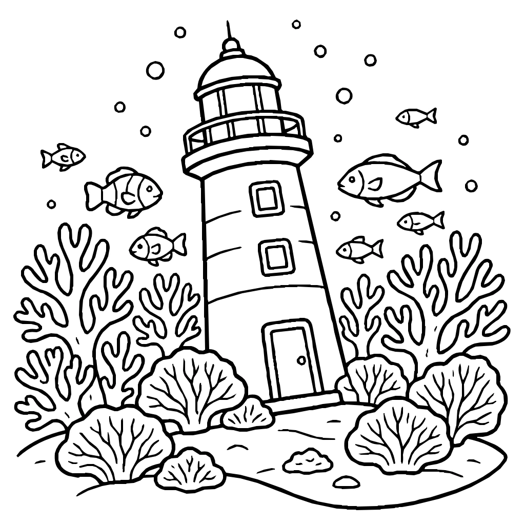 Sunken Lighthouse Colonized By Coral Coloring Page