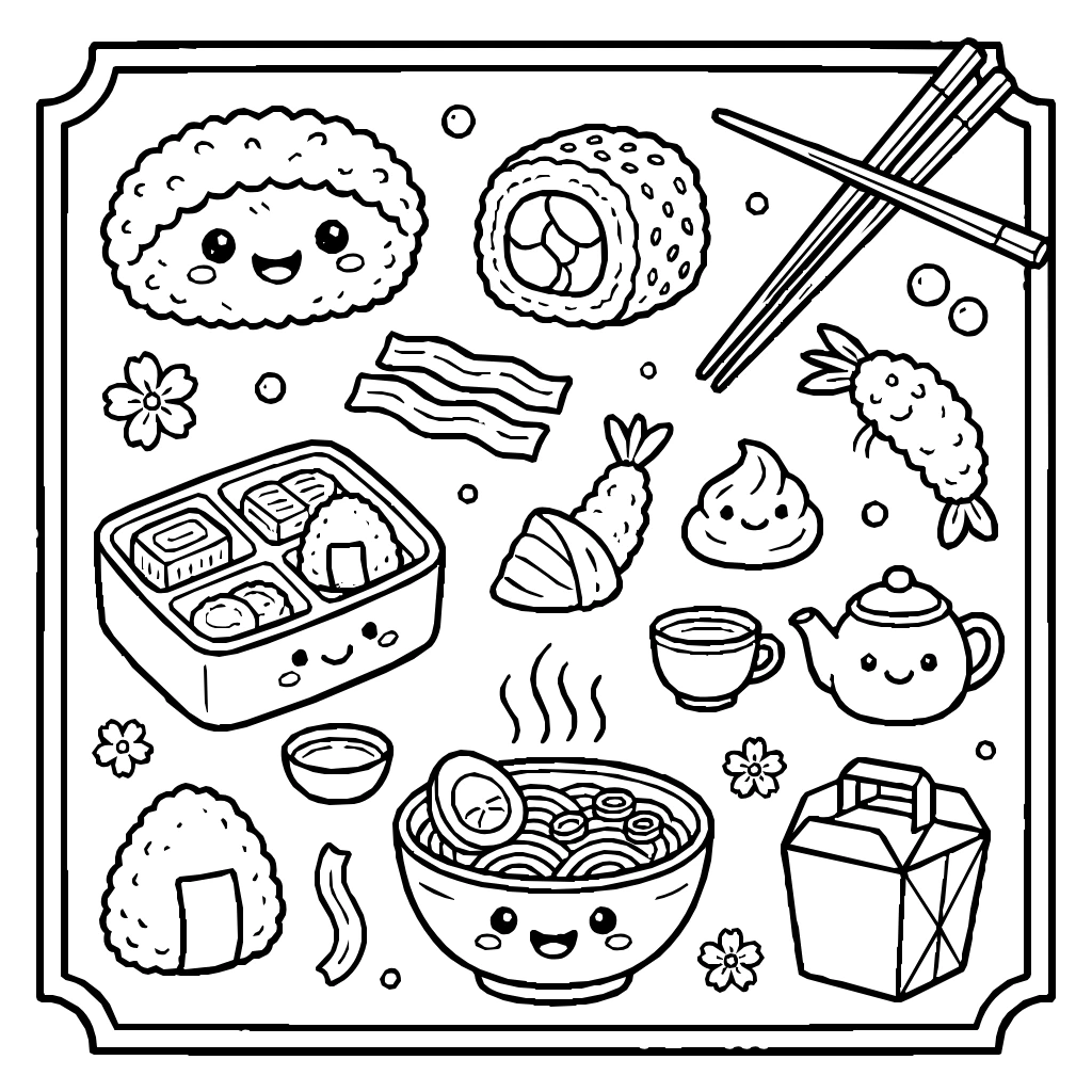Sushi And Japanese Food Set Coloring Page
