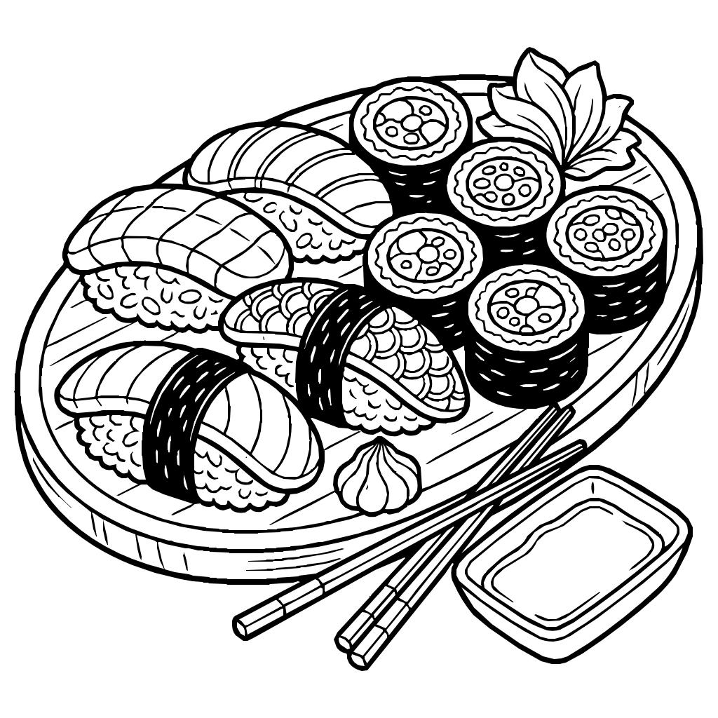 Sushi Platter With Wasabi And Ginger Coloring Page
