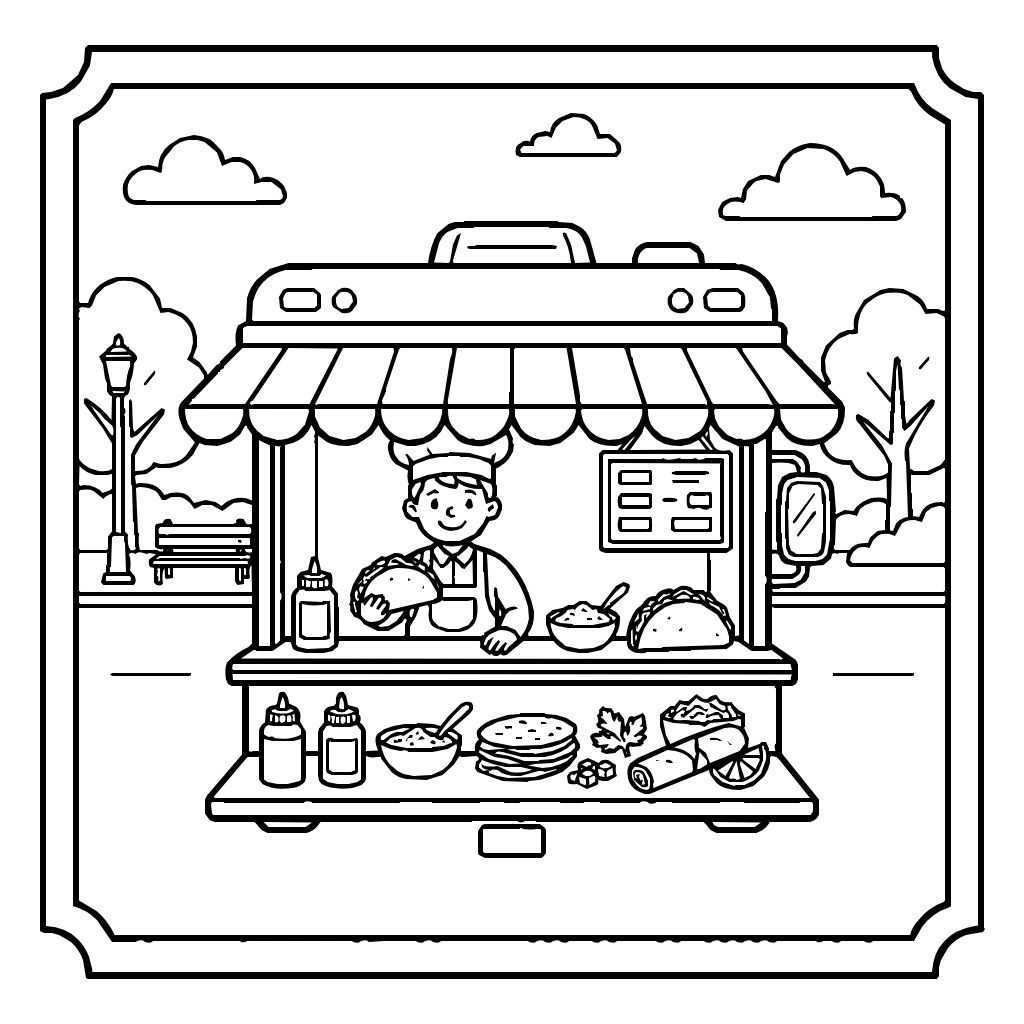 Taco Truck Window With Toppings And A Smiling Chef Coloring Page