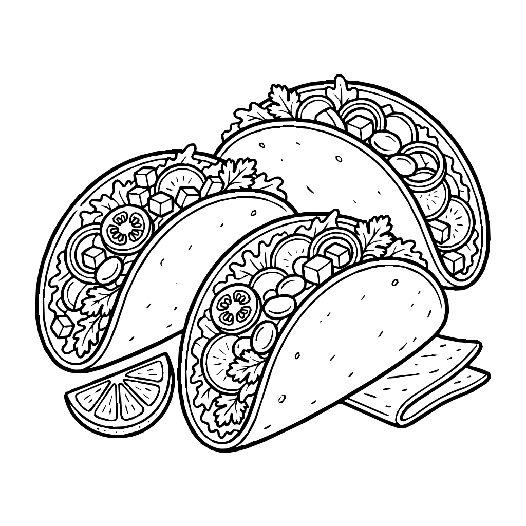 Tacos Arranged With Toppings Spilling Coloring Page