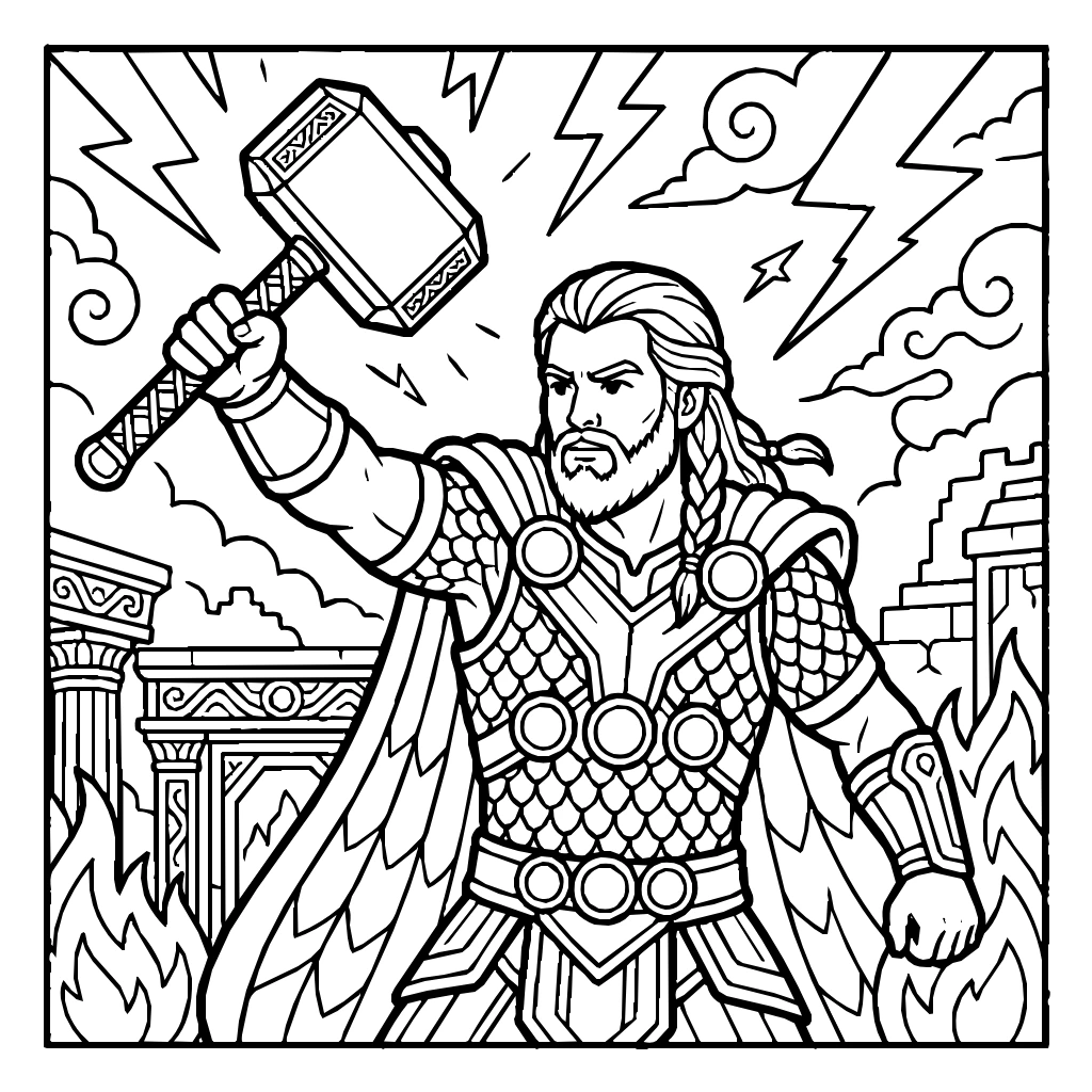 Thor Hurling Mjolnir Through A Lightning Storm  Coloring Page
