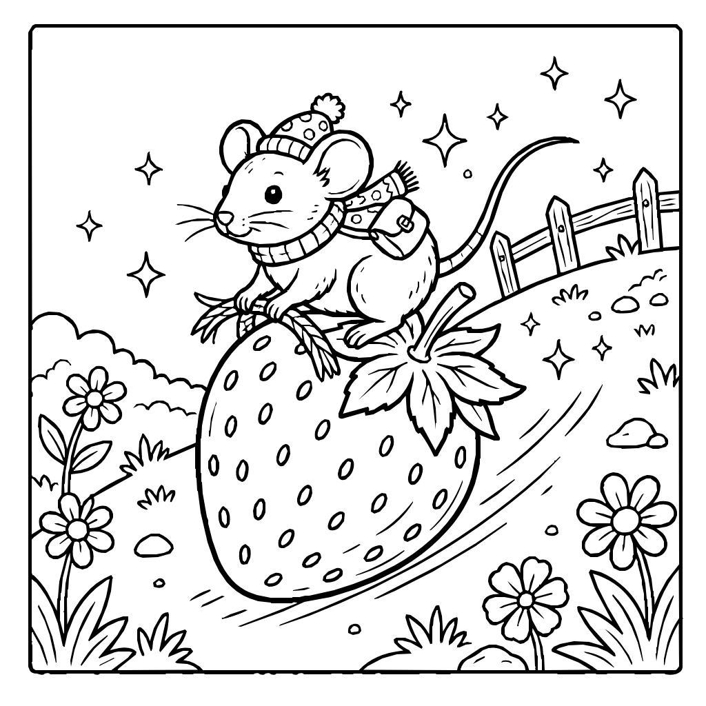 Tiny Mouse Riding A Strawberry Like A Sled Down A Hill  Coloring Page
