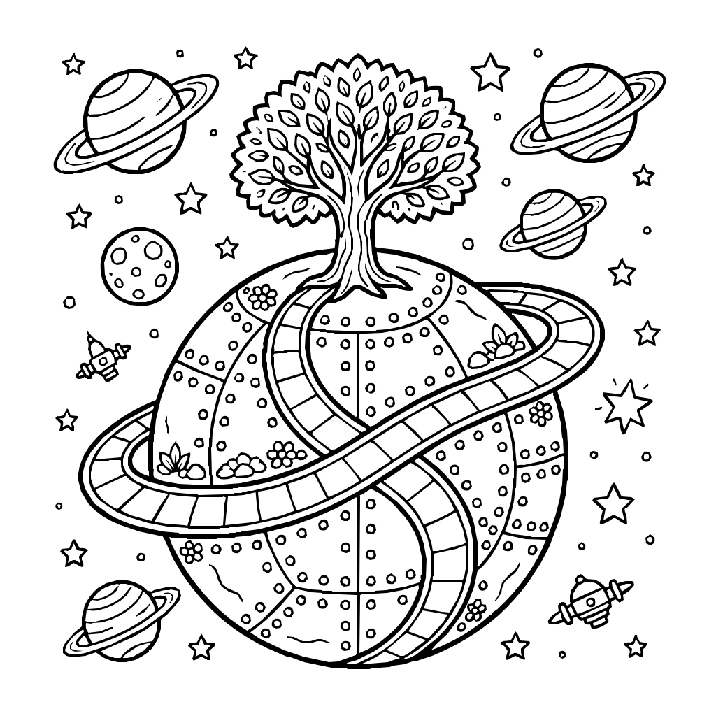 Tiny Planet With A Single Tree And A Winding Path Around It  Coloring Page