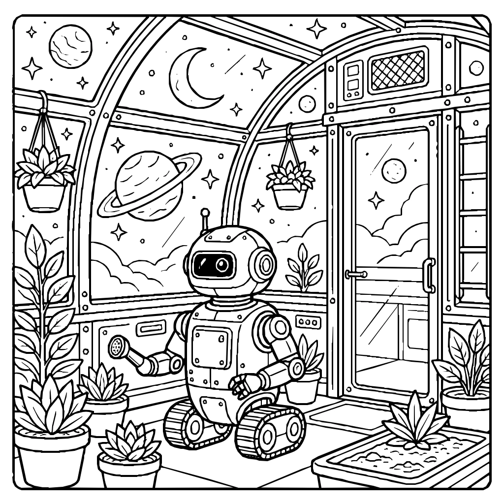 Tiny Robot Watering Plants Inside A Glass Space Greenhouse Coloring Page