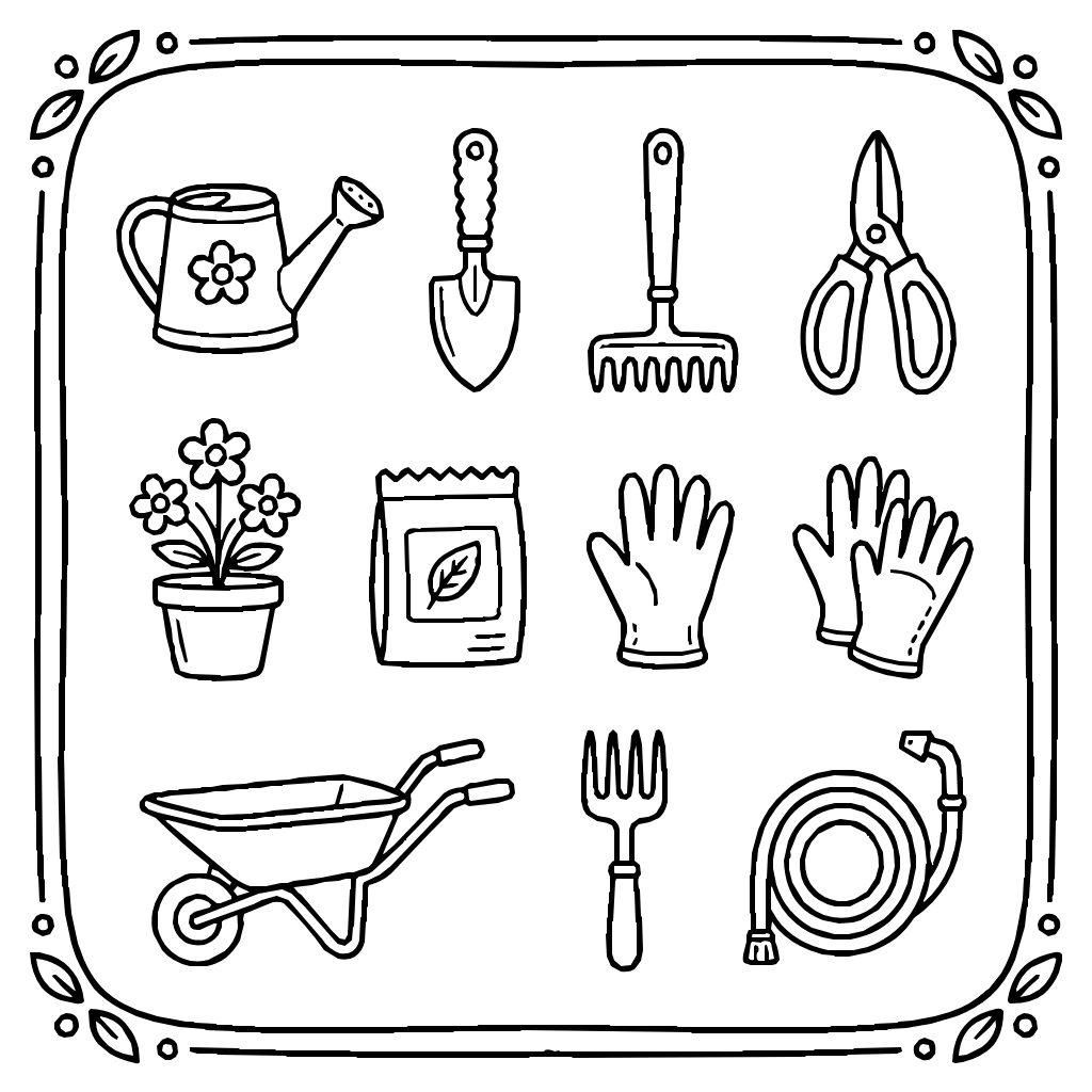 Tools For The Garden Collection Coloring Page
