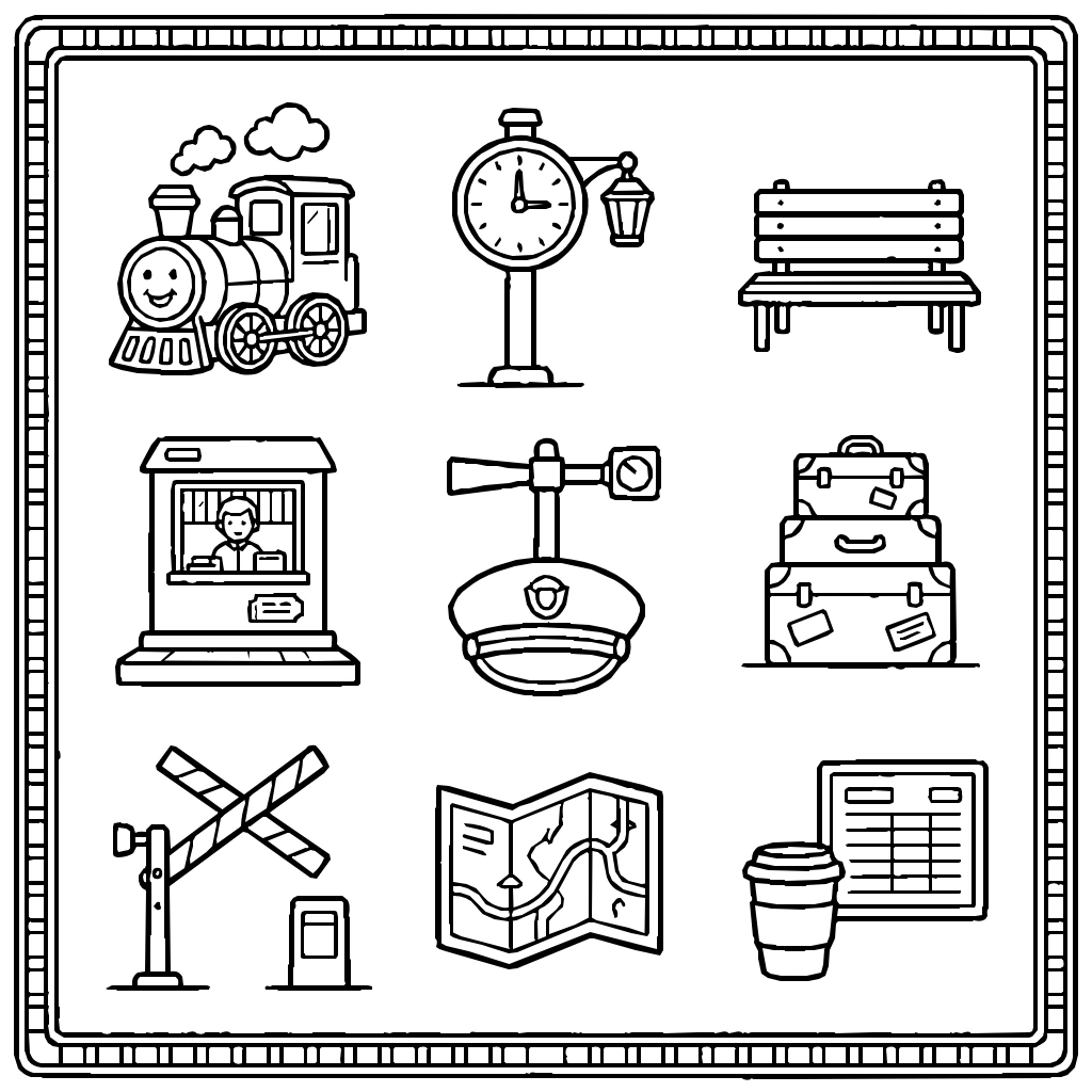 Train Station And Railway Set Coloring Page