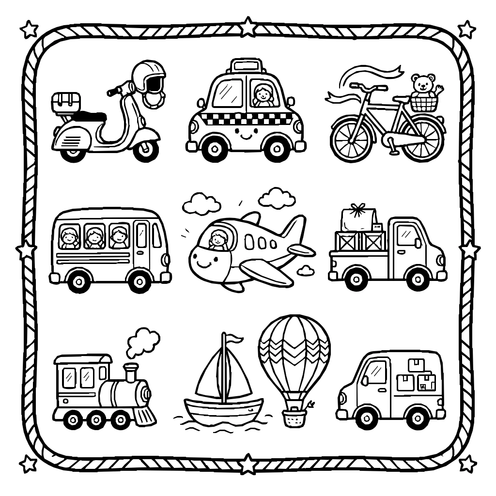 Transportation Vehicles Collection Coloring Page