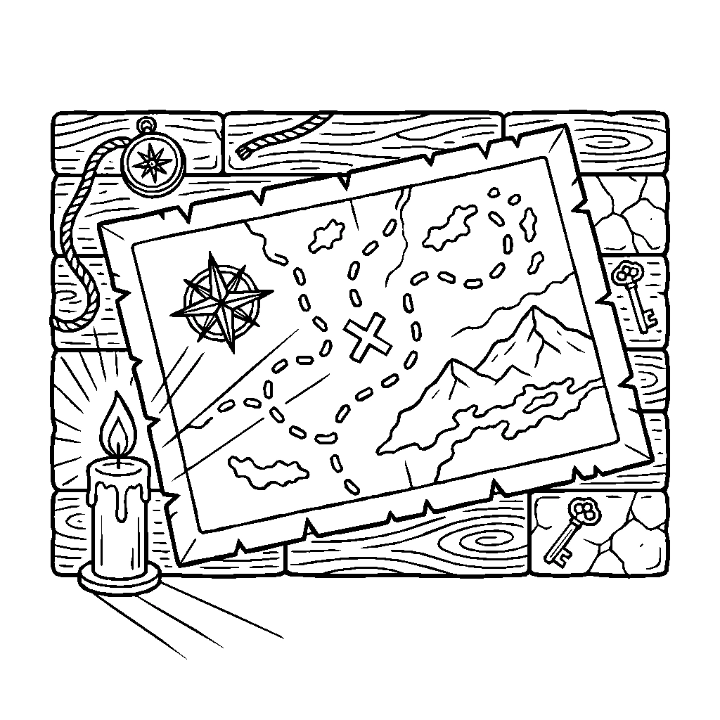 Treasure Map And Candlelight Coloring Page