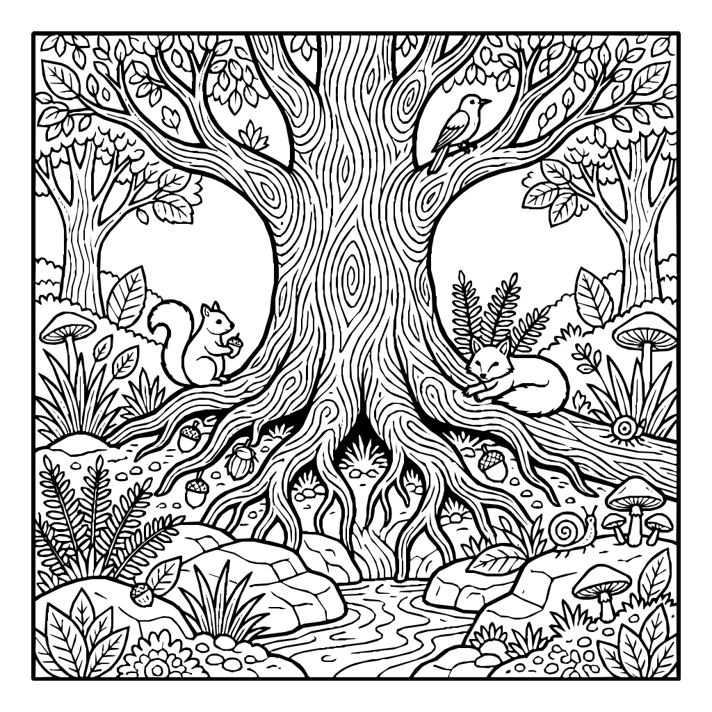 Tree With Forest Animals Coloring Page