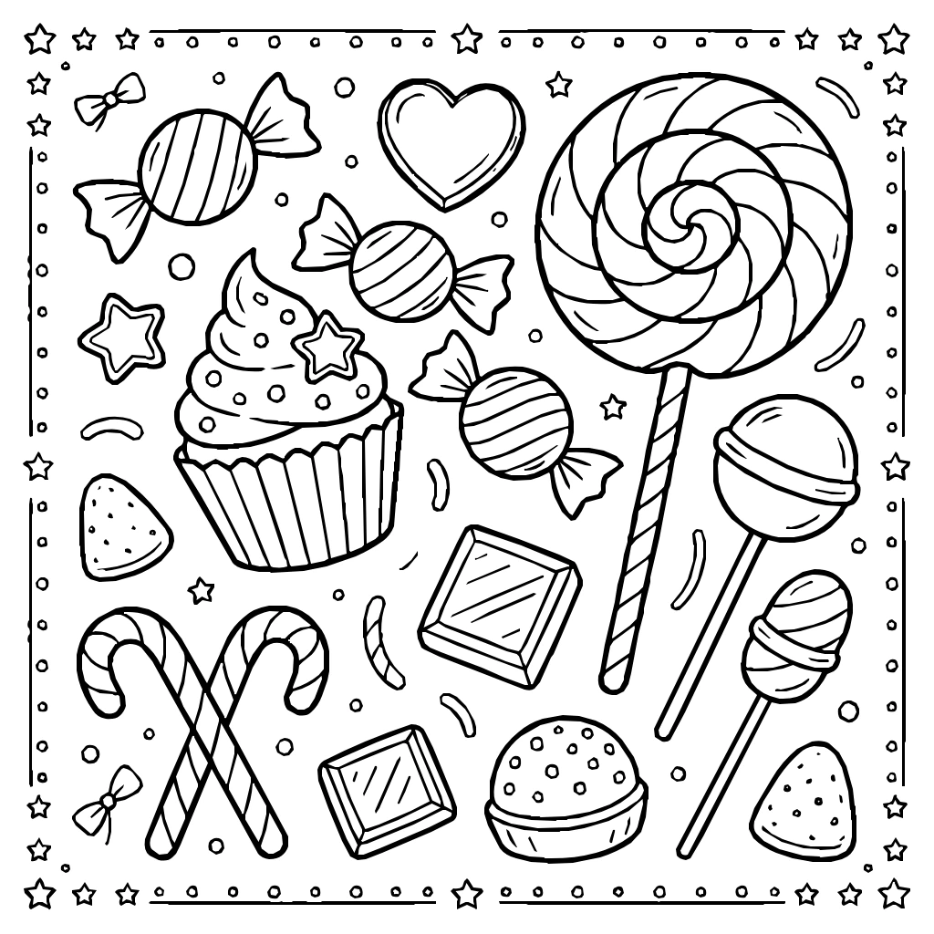 Various Candies And Cupcake Coloring Page