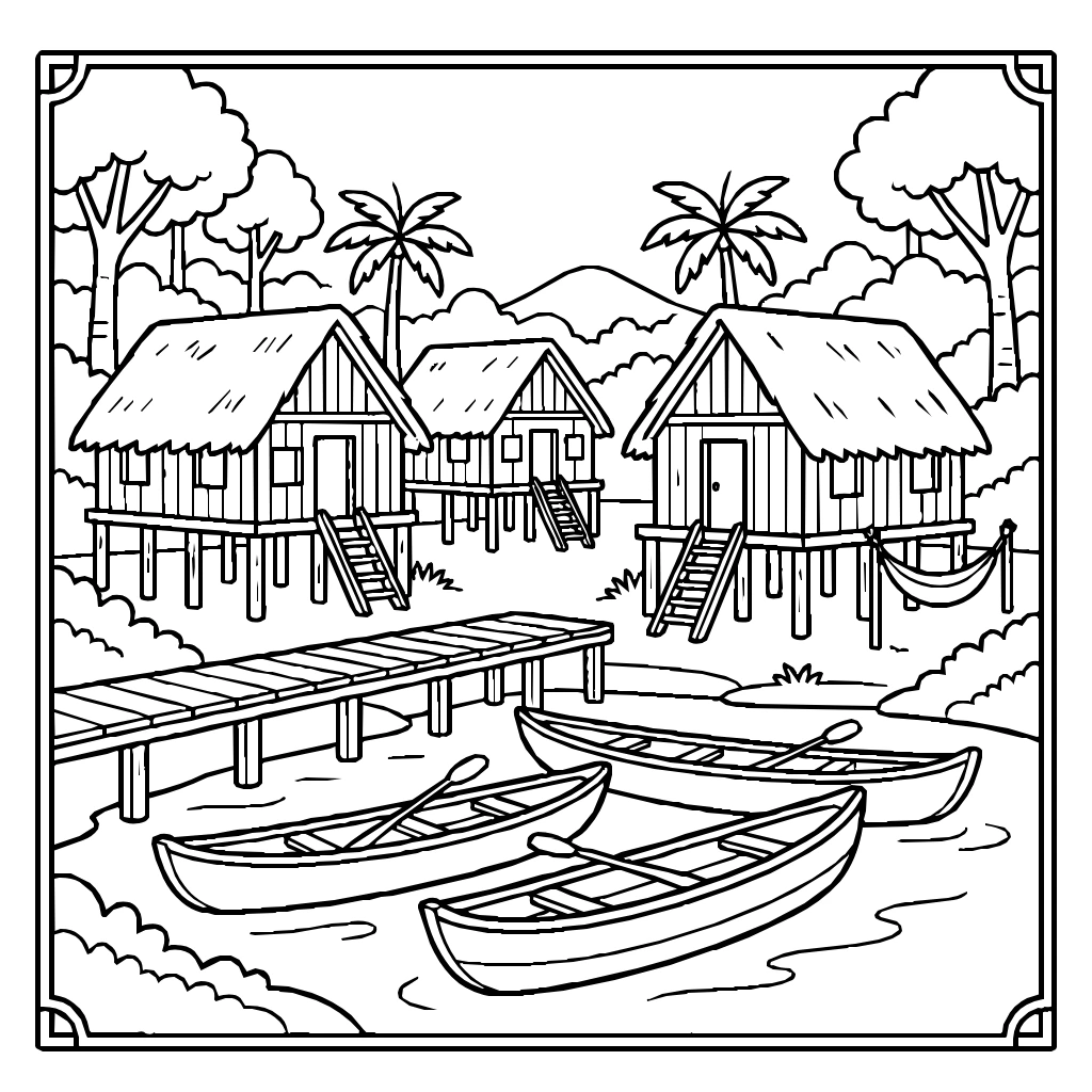 Village And Boat Near A River Coloring Page