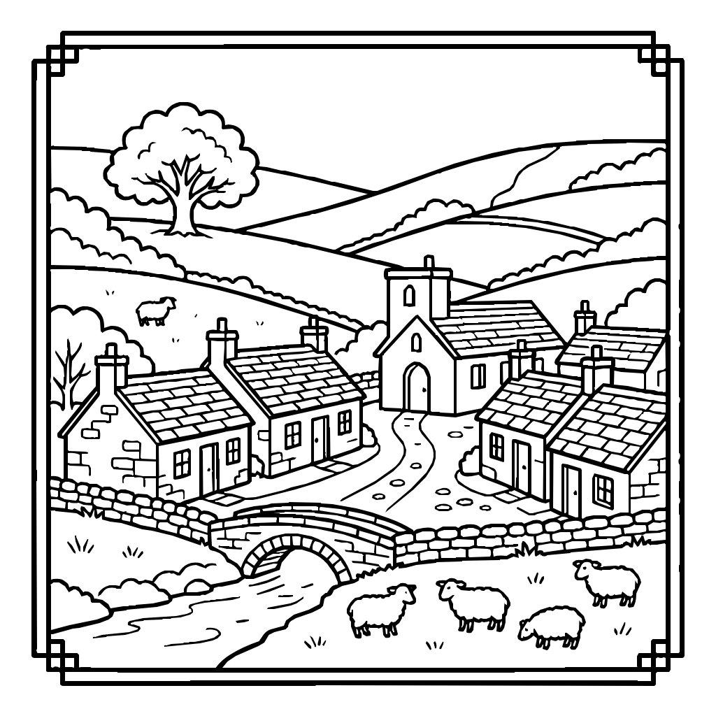 Village Tucked Into Rolling Hills Coloring Page