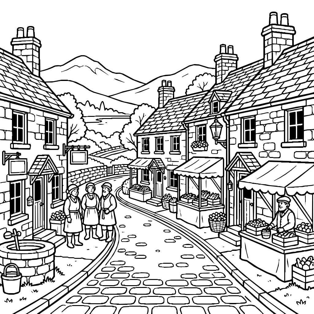 Village With Stone Cottages Coloring Page