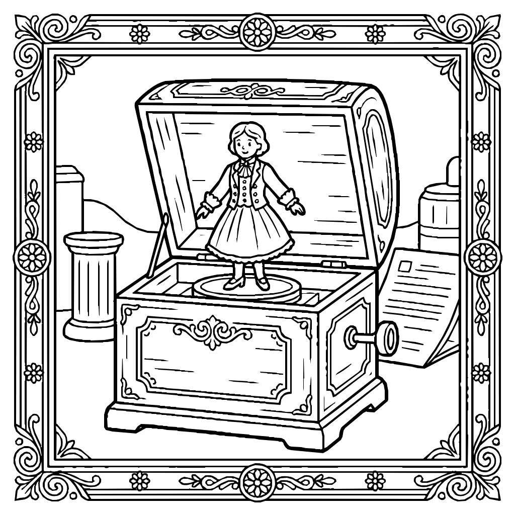 Vintage Music Box Opening Coloring Page