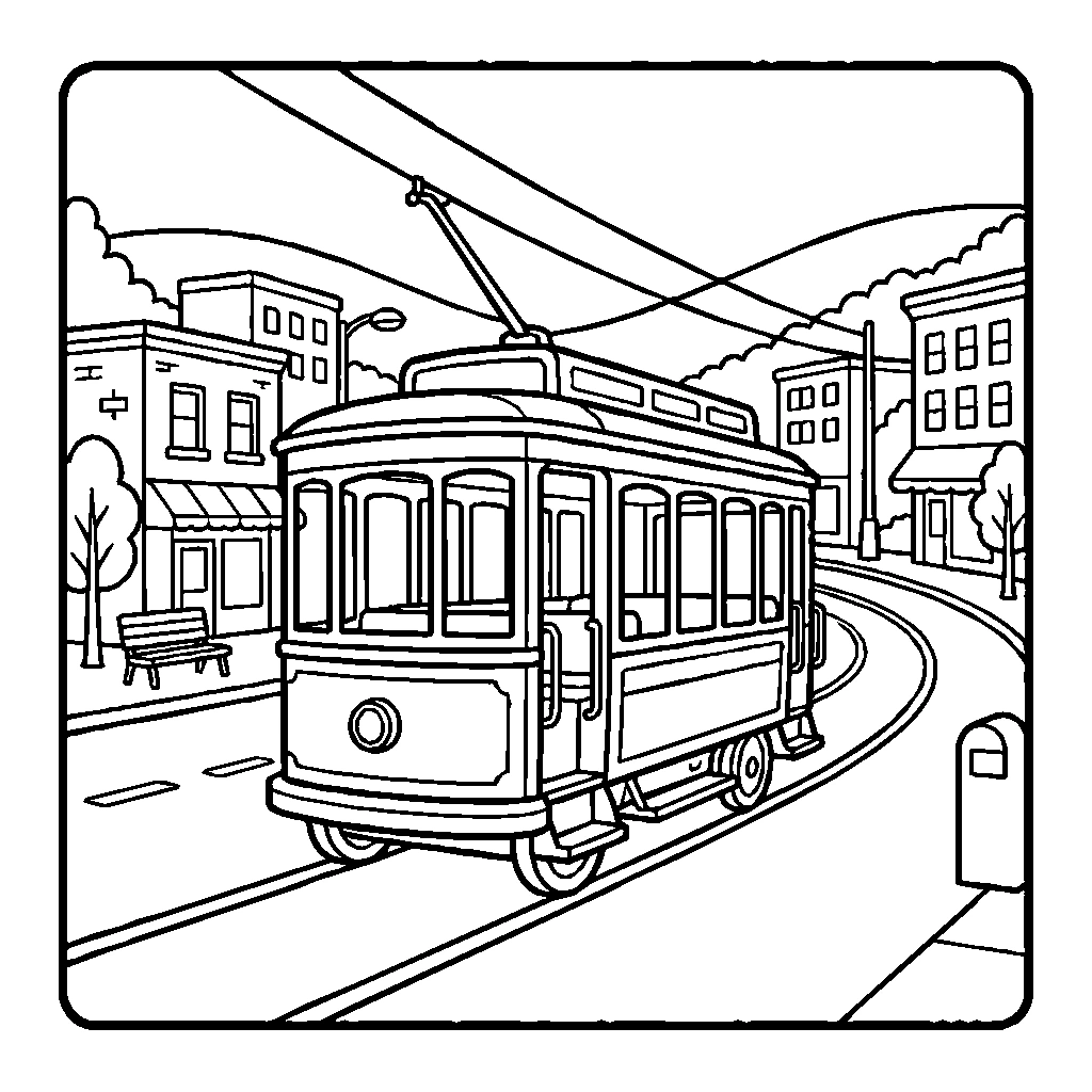 Vintage Trolley Downtown Coloring Page