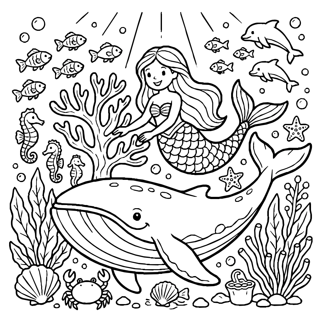 Whale With Mermaid And Dolphins Coloring Page
