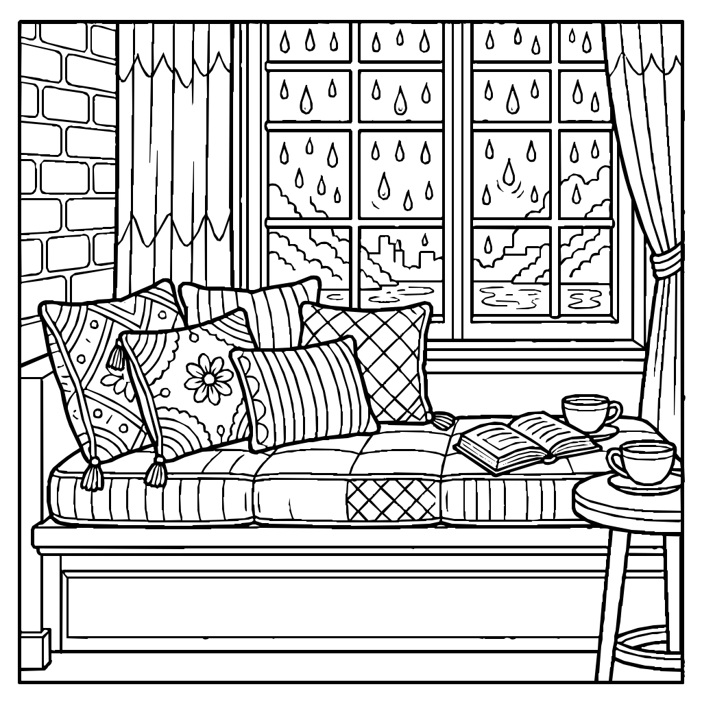 Window Seat On Rainy Afternoon Coloring Page