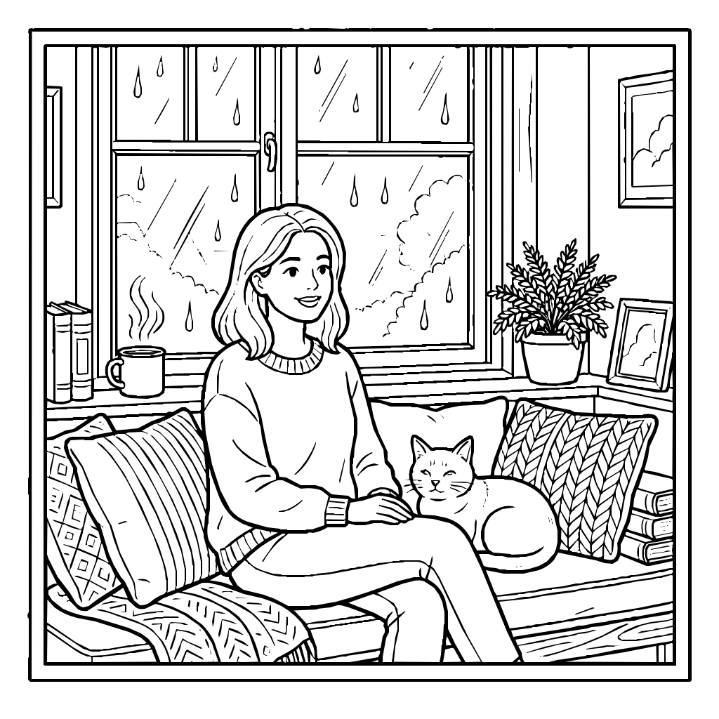 Window Seat With A Woman And A Cat Coloring Page