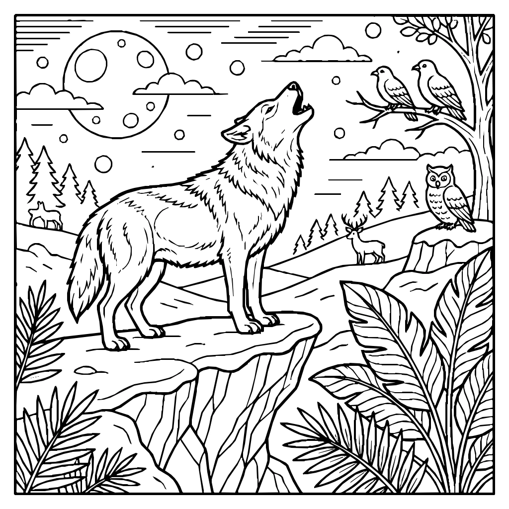Wolf Howling On A Cliff Coloring Page