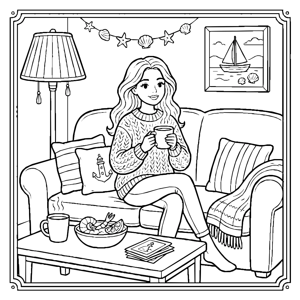 Woman On A Couch Cozy Summer Time Coloring Page