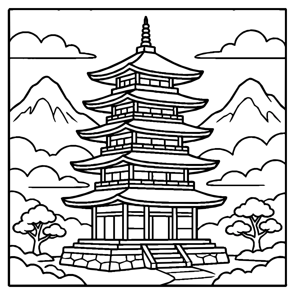 Zen Five Story Pagoda Mist Mountains Coloring Page