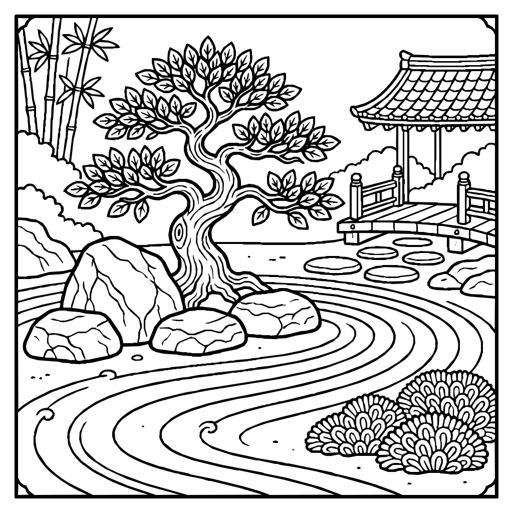 Zen Japanese Garden Sand Rocks Bonsai Coloring Page