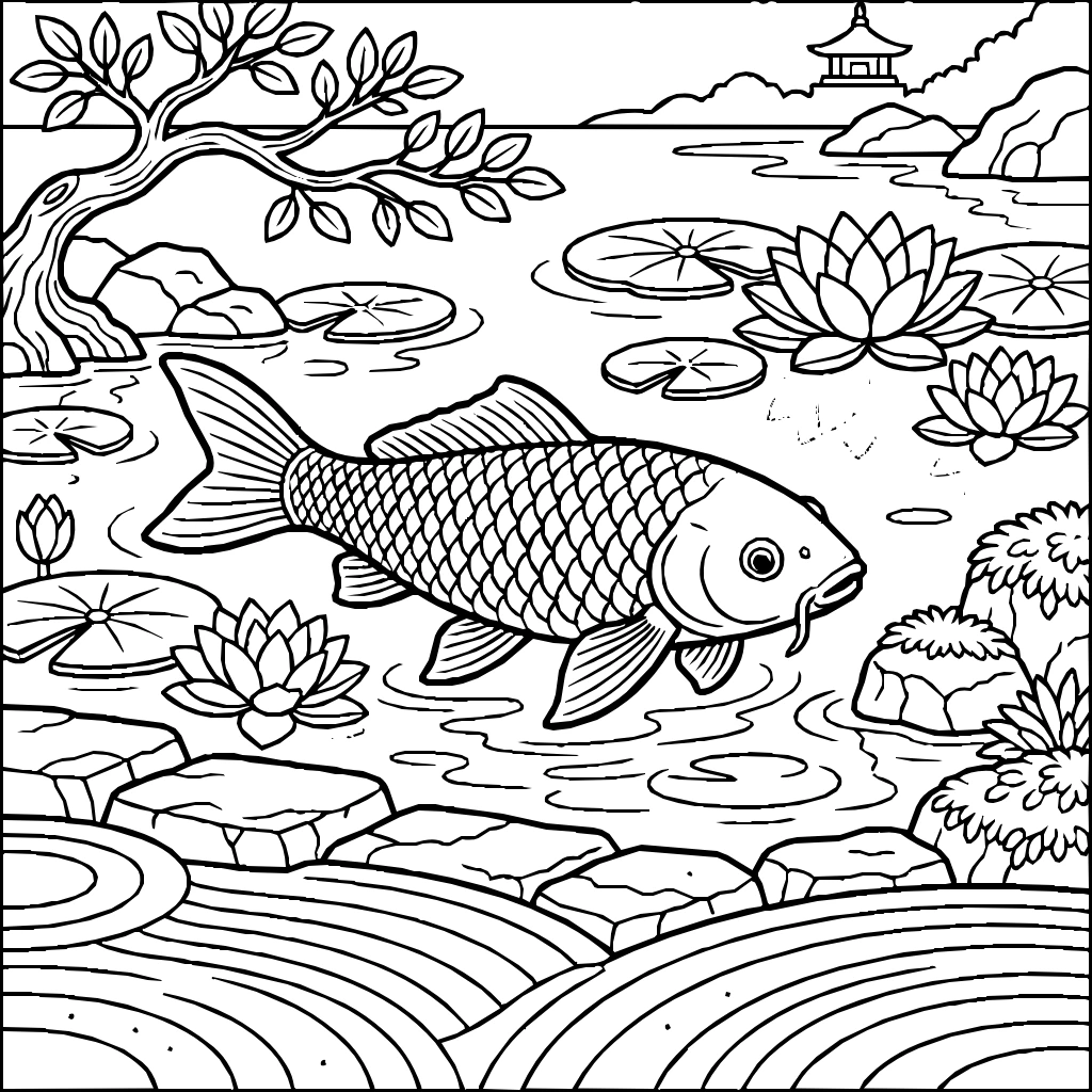 Zen Koi Carp Pond Waterlilies Reflections Coloring Page