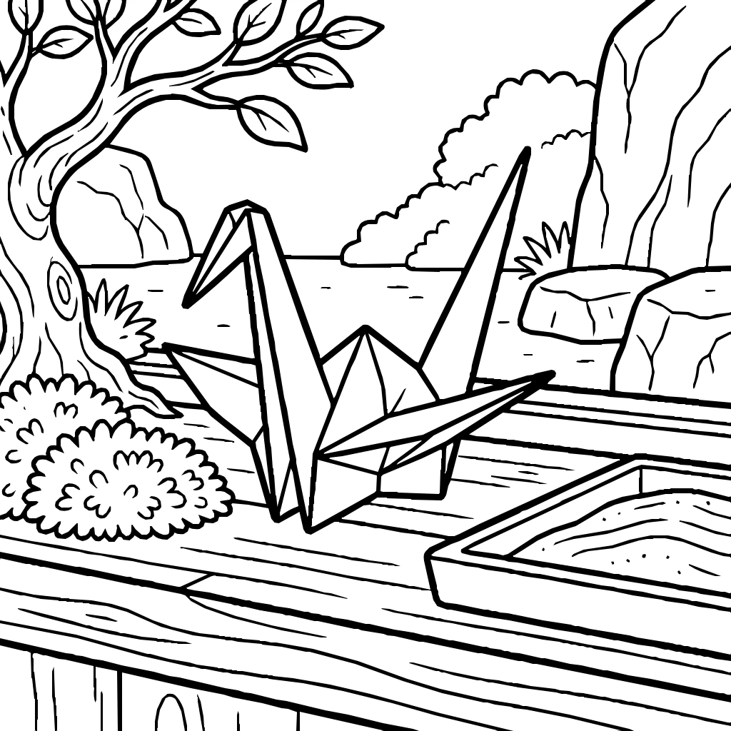 Zen Origami Crane Resting On A Wooden Windowsill  Coloring Page