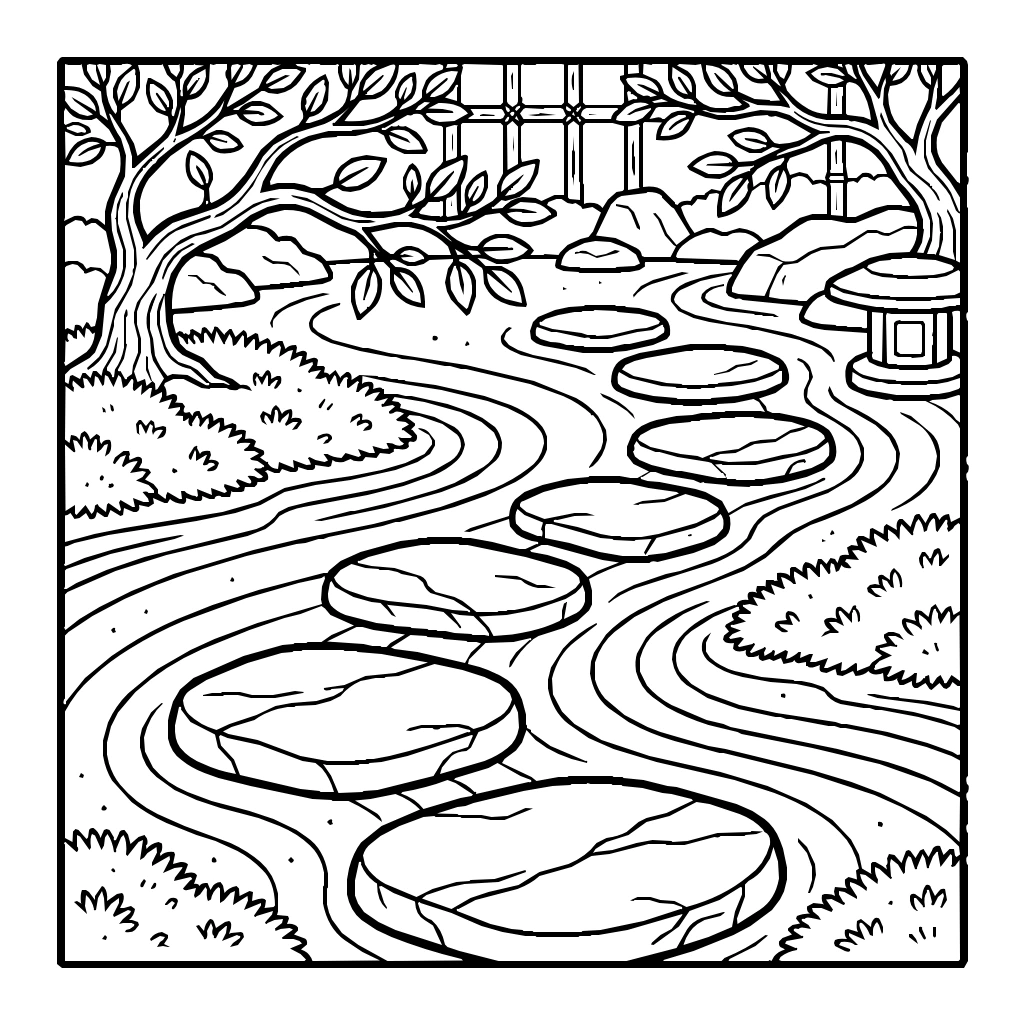 Zen Rain Garden With Stepping Stones And Moss Patches Coloring Page