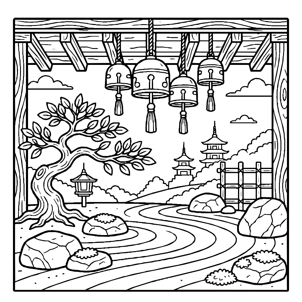 Zen Wind Chimes Hanging Beneath A Temple Eave Coloring Page