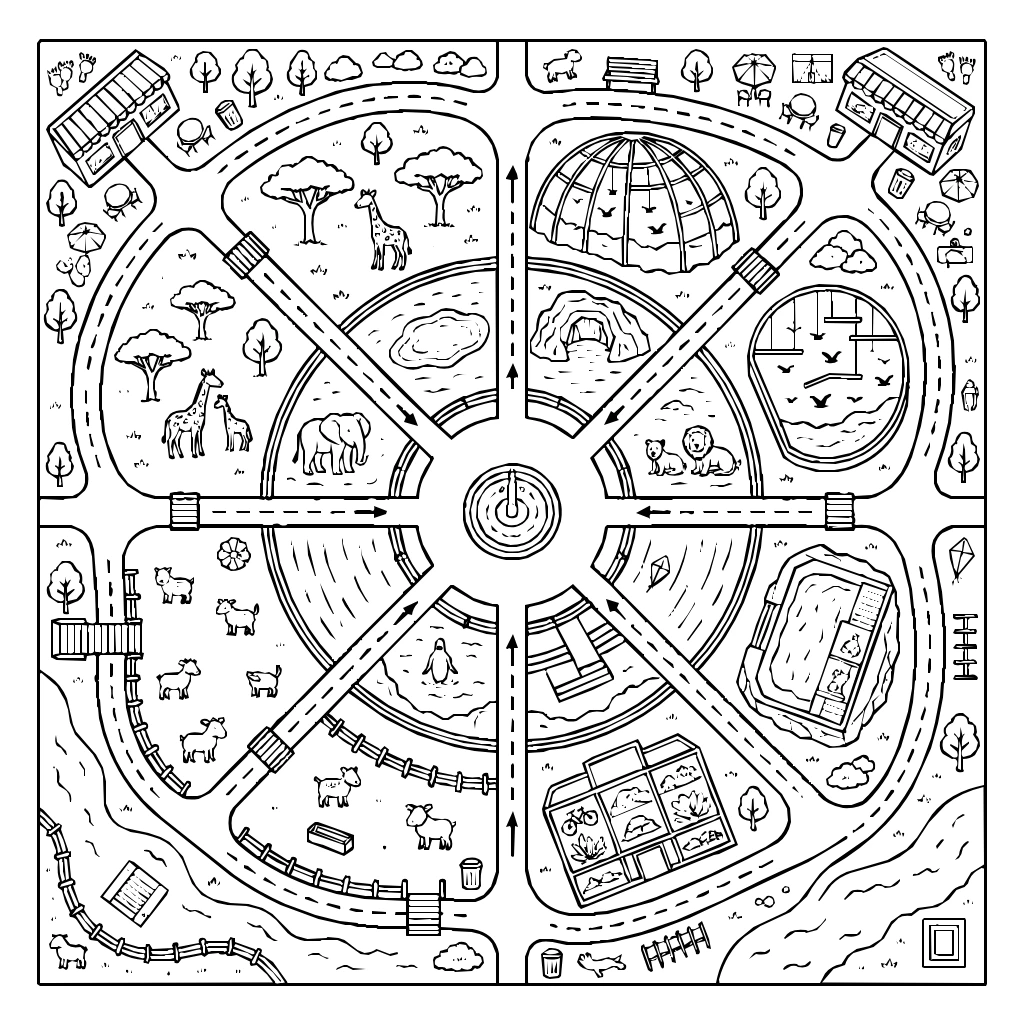 Zoo With Animal Enclosures And Walking Paths Coloring Page