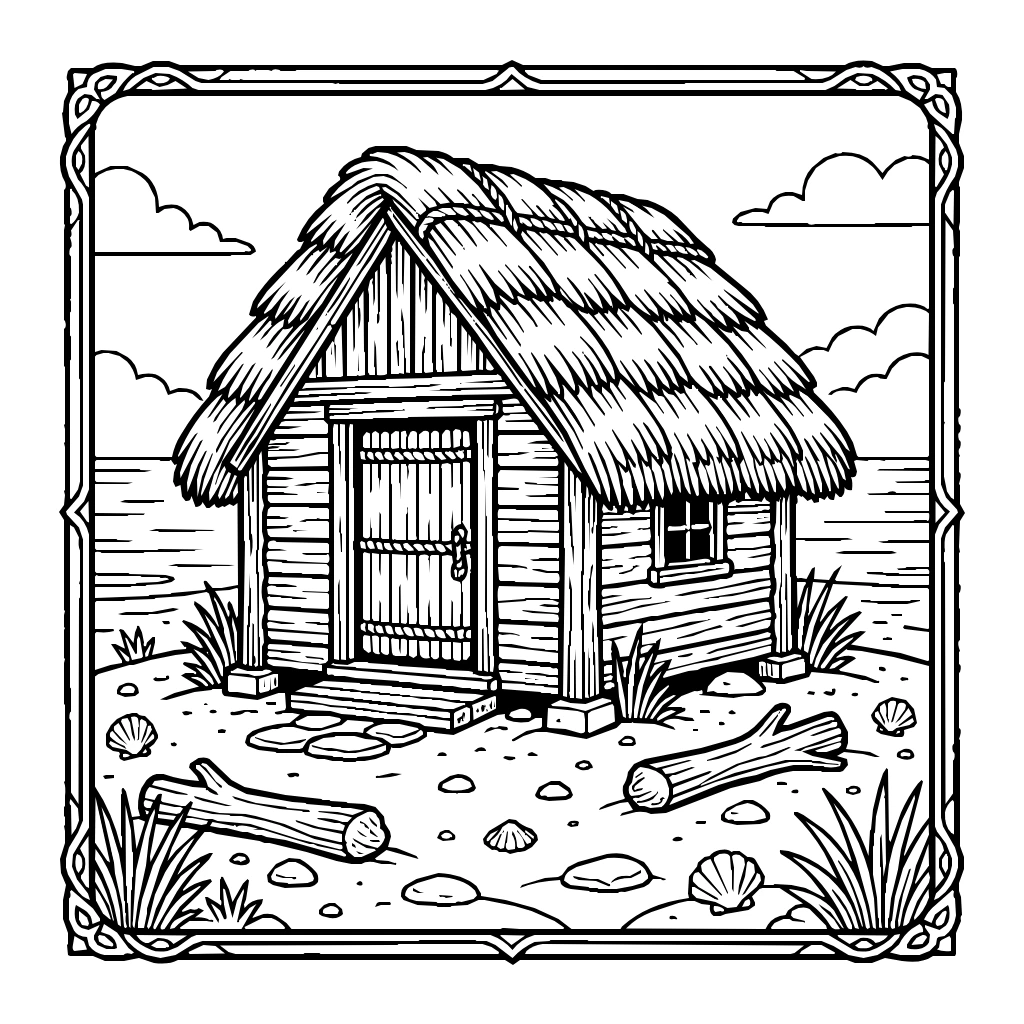 A Cabin With A Thatched Roof On The Shore Coloring Page