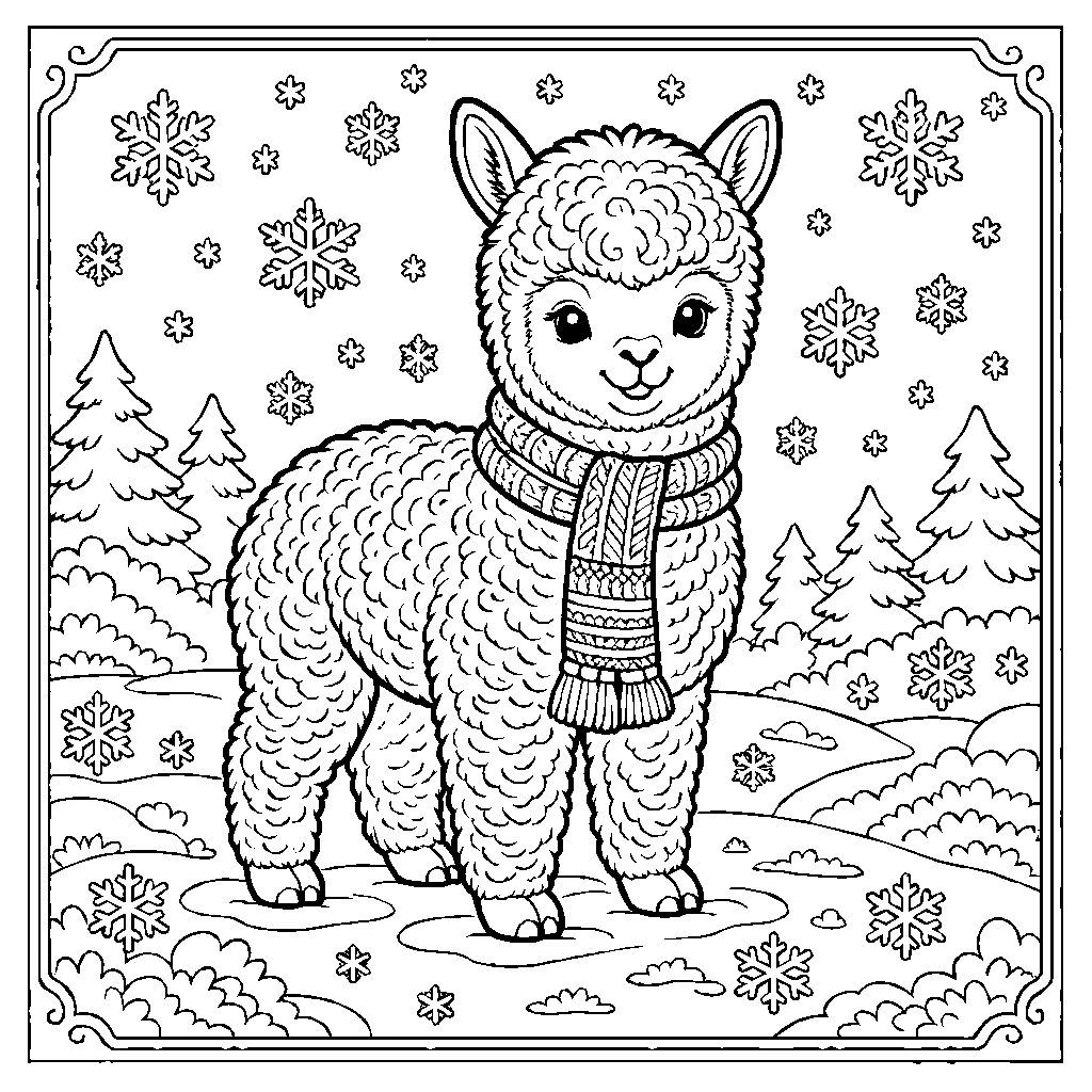 Alpaca Knitted Scarf Snow Coloring Page
