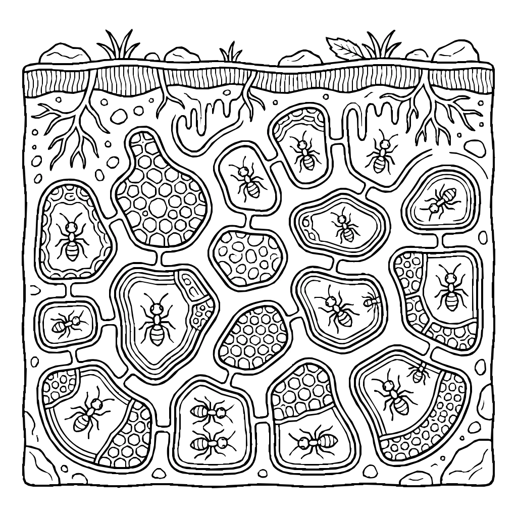 Ant Colony Underground With Tunnels Coloring Page