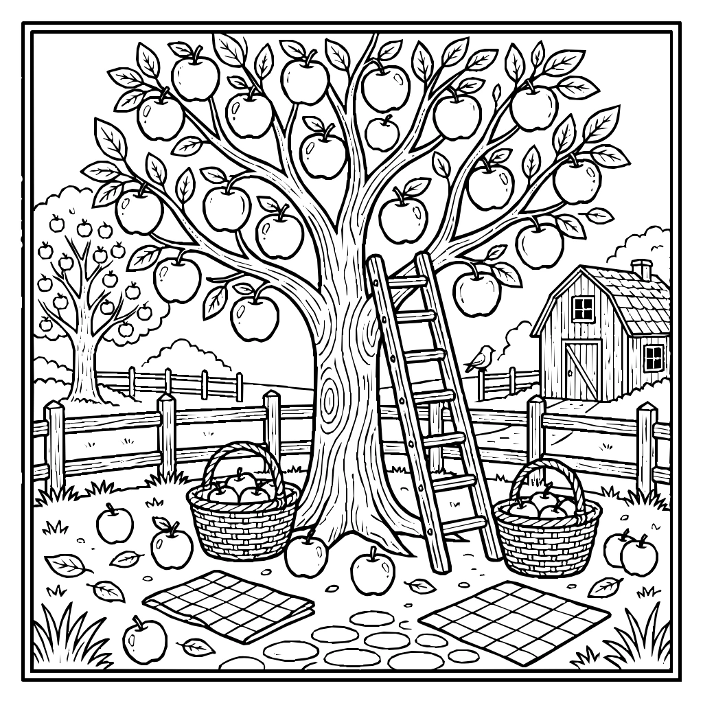 Apple Orchard Ladder Baskets Coloring Page