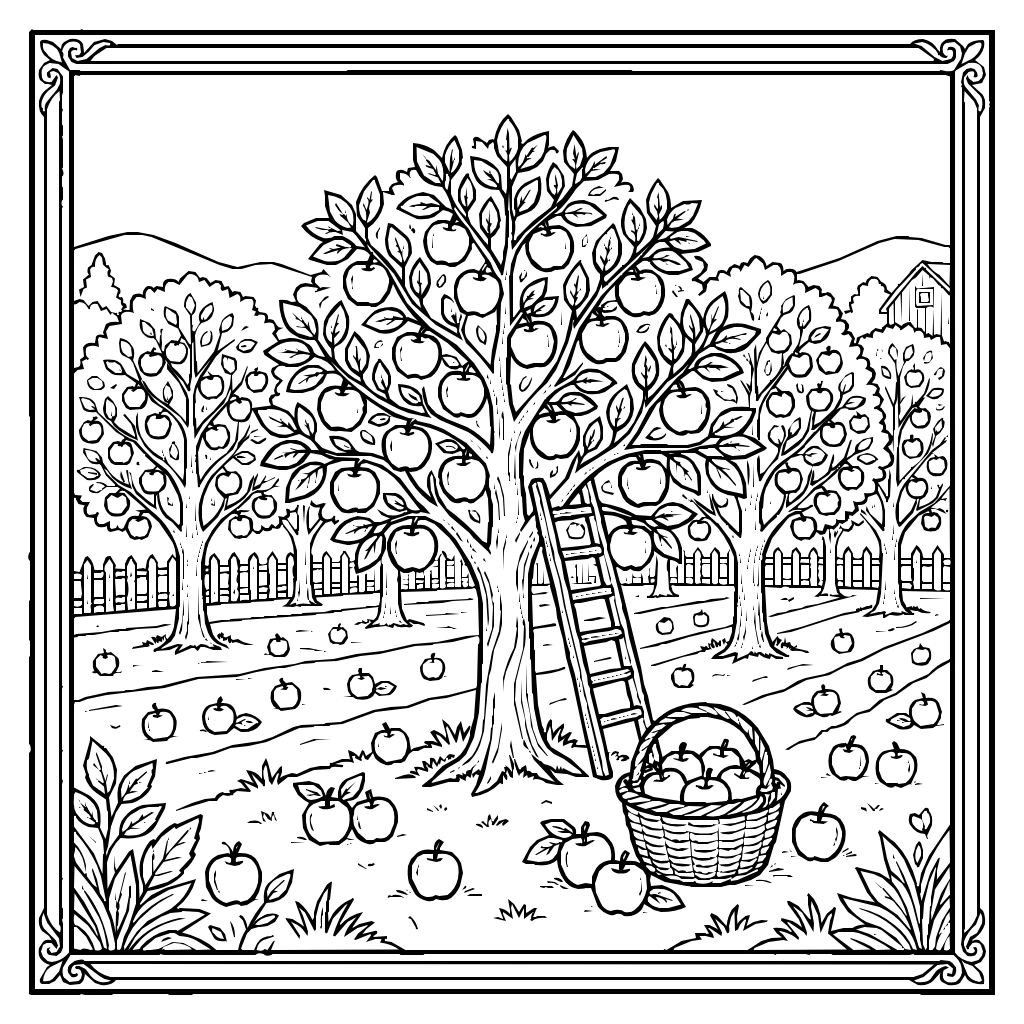 Apple Rows Ripe Fruit Coloring Page