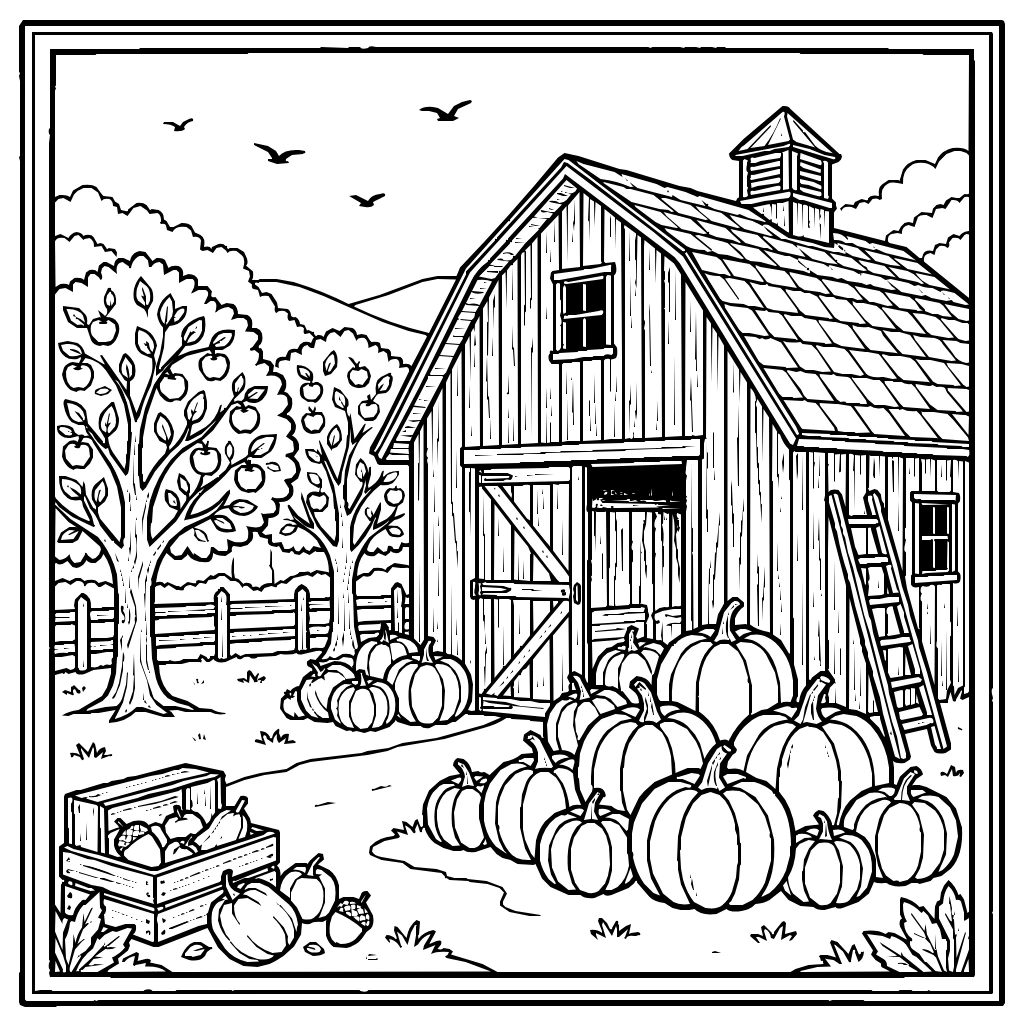 Barn Pumpkins Piled Coloring Page