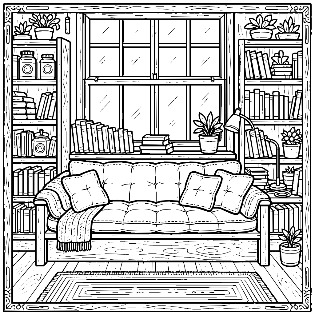 Bookshop Nook Cushioned Window Coloring Page