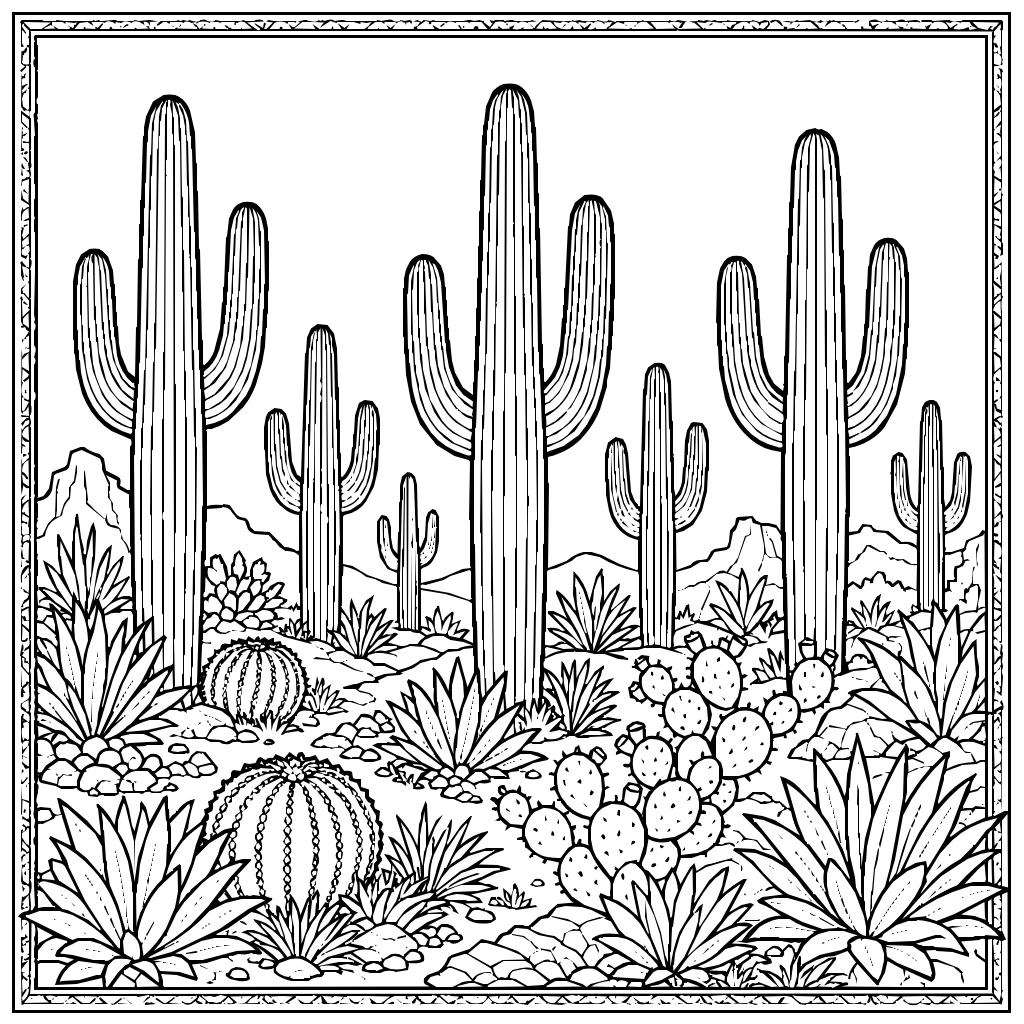 Cactus Desert Garden Saguaro Coloring Page