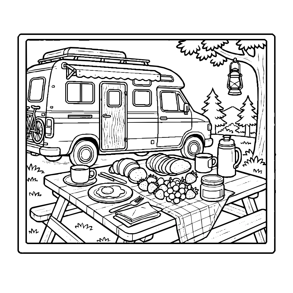 Campervan Picnic Table Breakfast Coloring Page