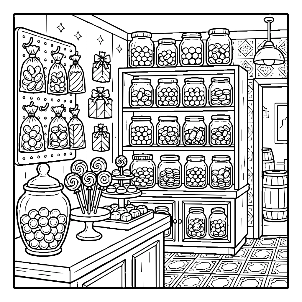 Candy Shop Jars Colorful Coloring Page