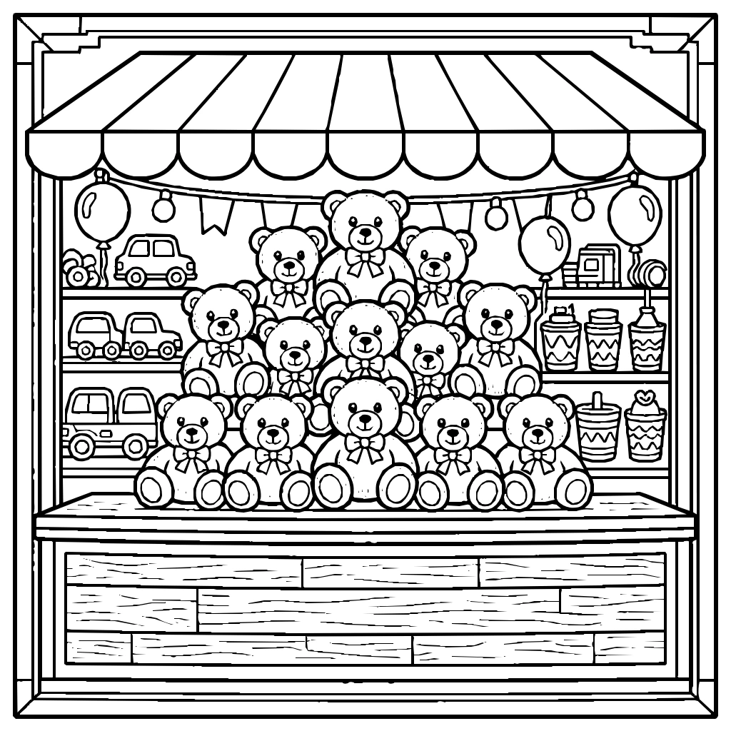 Carnival Game Booth With Stacked Prize Coloring Page
