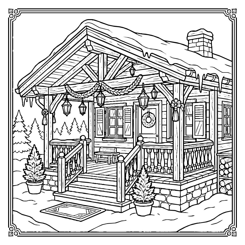 Chalet Porch Icicles Lanterns Coloring Page